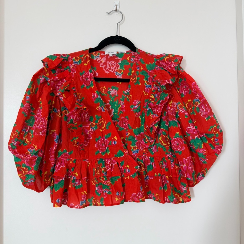 Rhode Red Floral Ruffle Puff Sleeve Cropped Blouse